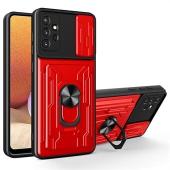 Voor Samsung Galaxy A32 4G (EU Versie) Slide Camera Cover PC + TPU Anti- Scratch Kaarthouder Slot Ring Kickstand Ontwerp Hybrid Case