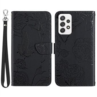 Voor Samsung Galaxy A32 4G (EU Versie) Bedrukte Vlinder Bloem Magnetische Sluiting Case Portemonnee Flip Skin-touch Gevoel Stand Cover met Riem