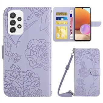 Wallet Stand Case voor Samsung Galaxy A32 4G (EU-versie), skin-touch lederen vlinderbloem bedrukt telefoonhoesje met schouderriem