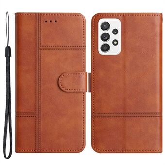 Voor Samsung Galaxy A32 4G (EU Versie) PU Lederen Business Case Lijnen Bedrukt Stand Folio Flip Wallet Cover met Riem