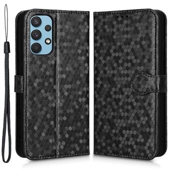 Voor Samsung Galaxy A32 4G (EU Versie) PU Lederen Flip Telefoon Cover Dot Patroon Bedrukt Portemonnee Bekijken Stand Magnetische Telefoon Case met Riem