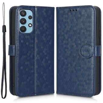 Voor Samsung Galaxy A32 4G (EU Versie) PU Lederen Flip Telefoon Cover Dot Patroon Bedrukt Portemonnee Bekijken Stand Magnetische Telefoon Case met Riem