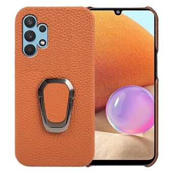 Voor Samsung Galaxy A32 4G (EU-versie) Echt leer gecoate harde pc Scratch hoes Litchi Texture Ring Kickstand Antislip telefoonhoes