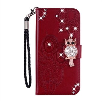 Uil opdruk Strass decor lederen telefoonhoes voor Samsung Galaxy A22 5G (EU-versie)