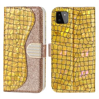 Krokodillenleer Glittery Poeder Splicing Gepersonaliseerde Lederen Portemonnee Stand Telefoon Shell Case voor Samsung Galaxy A22 5G (EU Versie)