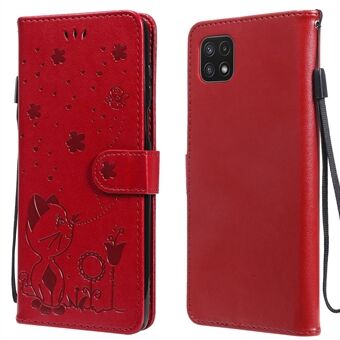 KT Imprinting Flower Series-4 Cat and Bee Pattern Imprinting Leather Wallet Stand Case met magnetische sluiting voor Samsung Galaxy A22 5G (EU-versie)