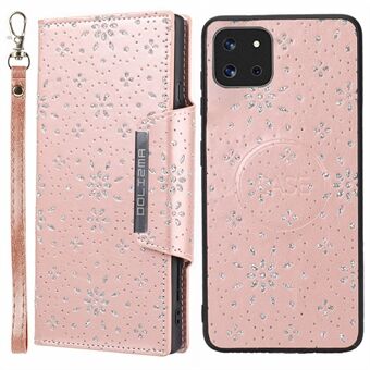 Voor Samsung Galaxy A22 5G (EU Versie) Beschermhoes Glitter Bloem Blad Bedrukt Afneembare Lederen Portemonnee Telefoon Case: