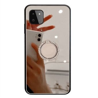 Voor Samsung Galaxy A22 5G (EU-versie) Mirror Design PC + TPU Hybrid Phone Case met Strass Ingebouwde metalen plaat Ring Kickstand