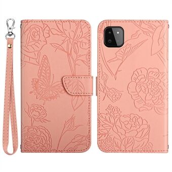 Voor Samsung Galaxy A22 5G (EU Versie) Skin-touch Gevoel Telefoon Case Vlinder Bloem Bedrukt PU Lederen Portemonnee Stand Cover met Polsband