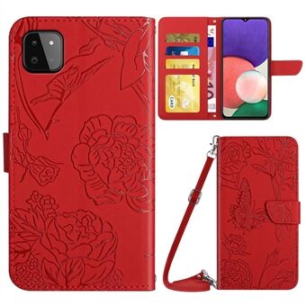 Imprinting Butterfly Flower Phone Case voor Samsung Galaxy A22 5G (EU-versie), schouderriemontwerp Skin-touch PU-lederen Stand Anti- Scratch Cover