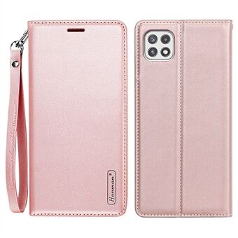 HANMAN Minor Serie voor Samsung Galaxy A22 5G (EU Versie) Schokbestendig PU Lederen Portemonnee Cover Opvouwbare Stand Mobiele Telefoon Case