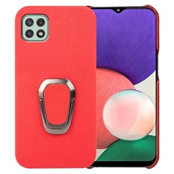 Voor Samsung Galaxy A22 5G (EU Versie) Echt Leer Gecoat PC Anti Scratch Case Ring Kickstand Litchi Textuur Telefoon Back Cover