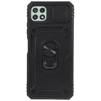 Voor Samsung Galaxy A22 5G (EU-versie) Schuifcamera Deksel Kickstand Ontwerp Telefoonhoes PC + TPU Schokbestendige achterkant met interne kaarthouderfunctie