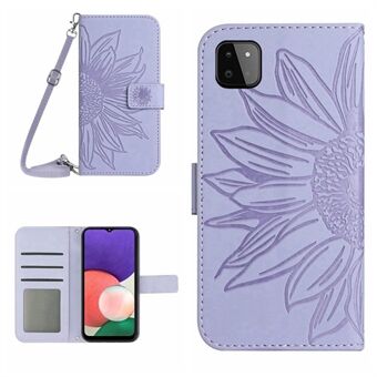 Voor Samsung Galaxy A22 5G (EU-versie) HT04 bedrukte zonnebloem PU-lederen smartphone-hoes Stand Drop-proof Skin-touch telefoon portemonnee-hoesje met schouderriem