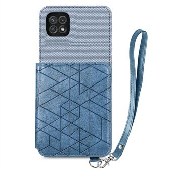 Voor Samsung Galaxy A22 5G (EU-versie) Anti-drop telefoonhoes Kickstand PU-leer + TPU-geometrie bedrukte portemonnee-hoes met riem