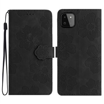 Voor Samsung Galaxy A22 5G (EU-versie) PU-leer Volledige bescherming Shell Bloemen Opdruk Stand Wallet Phone Case