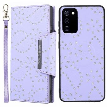 Glitter Flower Leaf bedrukt PU-leer Afneembare anti-drop telefoonhoes Shell Wallet Case voor Samsung Galaxy A03s (166.5 x 75.98 x 9.14 mm)