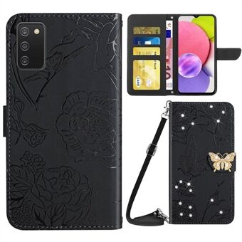 Voor Samsung Galaxy A03s (166,5 x 75,98 x 9,14 mm) Vlinderbloemen Gedrukte Stand Telefoonhoes PU Leren Portemonneeversiering met Strass-sterren en Schoudertas