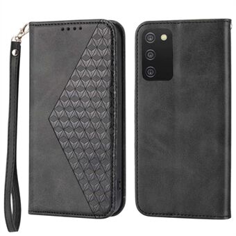 Cell Phone Case For Samsung Galaxy A03s (166.5 x 75.98 x 9.14mm), Calf Texture PU Leather Imprinted Rhombus Pattern Anti-shock Phone Cover Wallet Stand with Strap