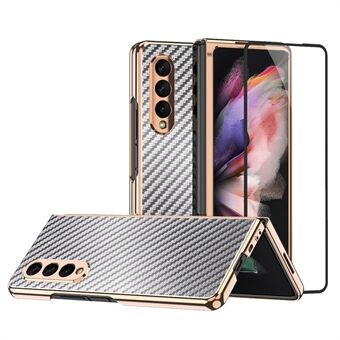 Vacuüm plating frame koolstofvezel textuur PU-leer gecoate pc-hoes met schermfilm voor Samsung Galaxy Z Fold3 5G