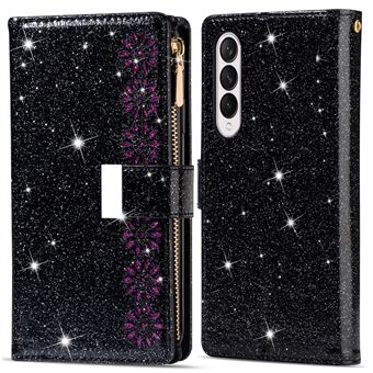 Glittery Starry Style Laser Carving Magnetische sluiting Rits Portemonnee Stand Beschermende lederen telefoonhoes voor Samsung Galaxy Z Fold3 5G