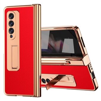 Voor Samsung Galaxy Z Fold3 5G Scharnierbescherming PU-leer + harde pc-schaal Full-Body galvaniserende kickstand cover met ingebouwde gehard glazen schermbeschermer en S Pen