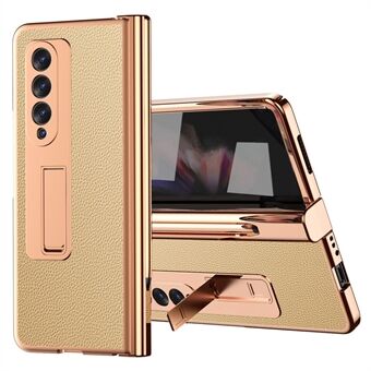 Voor Samsung Galaxy Z Fold3 5G Scharnierbescherming PU-leer + harde pc-schaal Full-Body galvaniserende kickstand cover met ingebouwde gehard glazen schermbeschermer en S Pen