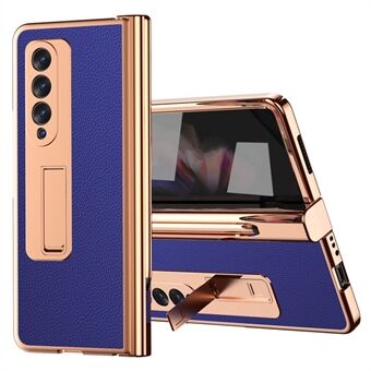 Voor Samsung Galaxy Z Fold3 5G Scharnierbescherming PU-leer + harde pc-schaal Full-Body galvaniserende kickstand cover met ingebouwde gehard glazen schermbeschermer en S Pen