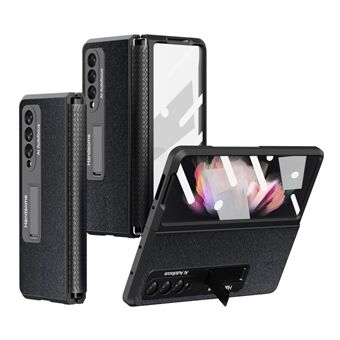 Voor Samsung Galaxy Z Fold3 5G Volledige dekking Telefoonhoesje Intrekbaar scharnier PU-leer + harde pc-schaal Kickstand Cover met gehard glas