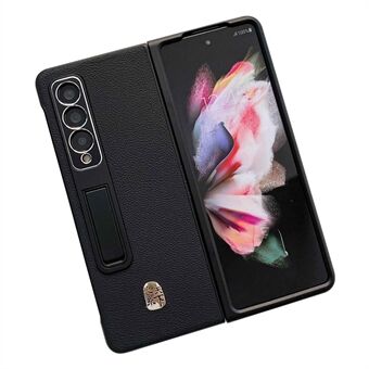 Voor Samsung Galaxy Z Fold3 5G Rubberen textuur Echt leer gecoat PC-telefoonhoesje Ingebouwde standaardontwerphoes