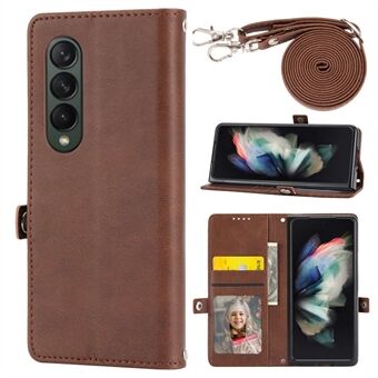 Voor Samsung Galaxy Z Fold3 5G bedrukt Rhombus Stand opvouwbaar telefoonhoesje kalfstextuur PU lederen portemonnee cover met schouderband