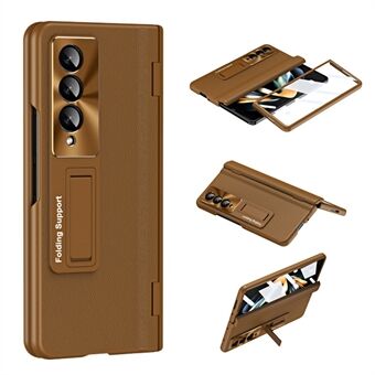 Voor Samsung Galaxy Z Fold3 5G Leer Gecoate PC Telefoon Case Scharnier Bescherming Kickstand Cover met Gehard Glas Film