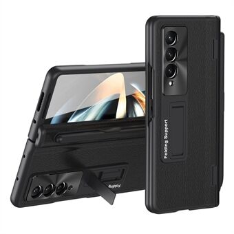 Voor Samsung Galaxy Z Fold3 5G Scharnierende Kickstand Case PU Leer + PC Telefoon Cover met Stylus en Gehard Glas Film