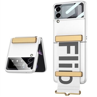 GKK brief gedrukt PU lederen handriem ontwerp gehard glas camera beschermer harde pc opvouwbare telefoonhoes voor Samsung Galaxy Z Flip3 5G