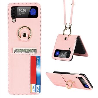 Voor Samsung Galaxy Z Flip3 5G Lanyard Design Cross Texture Kaarthouder Lederen telefoonhoes met Ring