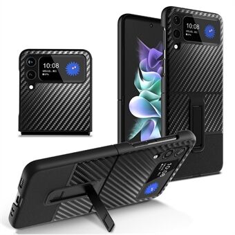 Voor Samsung Galaxy Z Flip3 5G Contrast Kleur Koolstofvezel Textuur Kickstand PC + Lederen Telefoon Case