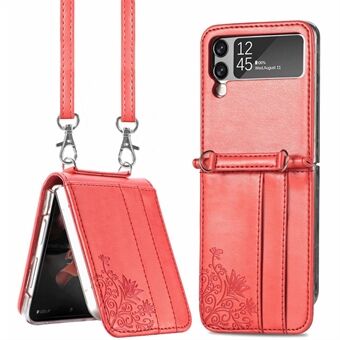 Voor Samsung Galaxy Z Flip3 5G Bloem bedrukt PU-leer + PC Opvouwbare telefoonhoes met kaartsleuven / schouderriem