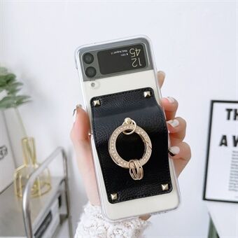 Voor Samsung Galaxy Z Flip3 5G transparante telefoonhoes PU lederen scharnierhandriem Opvouwbare pc-beschermhoes met Ring