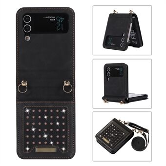 Voor Samsung Galaxy Z Flip3 5G Strass Decor Leer Gecoate PC Case RFID Blocking Portemonnee Telefoon Cover met Schouderriem