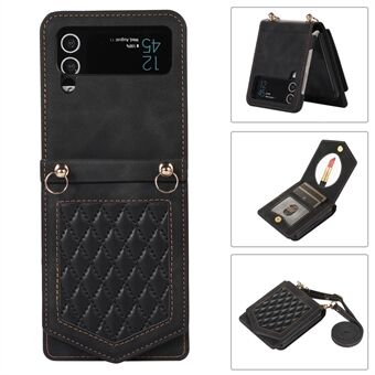 Voor Samsung Galaxy Z Flip3 5G make-upspiegel bedrukt PU-leer + pc-telefoonhoes kaarthouder RFID-blokkering volledige beschermingshoes met schouderriem