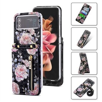 POLA Ritsvak PU Lederen Telefoon Case voor Samsung Galaxy Z Flip3 5G, kaartsleuven Houder Kickstand Rose Patroon Afdrukken Cover