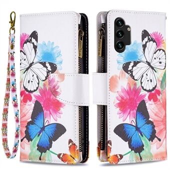 BF03 Telefoonhoesje met patroondruk voor Samsung Galaxy A13 4G / A13 5G / A04 4G (164,4 x 76,3 x 9,1 mm), PU lederen rits Flip Folio Wallet Stand Beschermhoes met riem