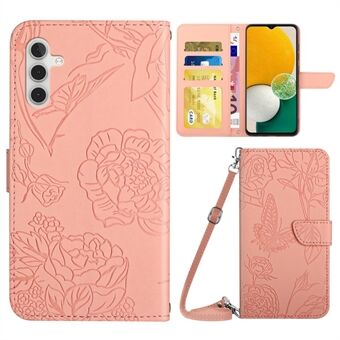 Opdruk Butterfly Flower telefoonhoesje voor Samsung Galaxy A13 5G / A04s 4G (164,7 x 76,7 x 9,1 mm), ontwerp met schouderband Anti- Scratch PU lederen portemonnee Stand Skin-touch Cover