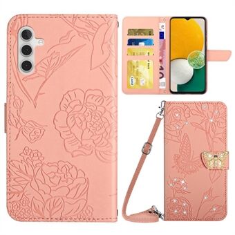 Voor Samsung Galaxy A13 5G / A04s 4G (164,7 x 76,7 x 9,1 mm) Anti-val Telefoon Portemonnee Hoesje Vlinder Bloemen Opgedrukt Strass Decor Telefoon Cover Handsfree Stand met Schouderband