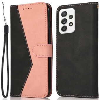 Voor Samsung Galaxy A13 4G / 5G / A04s 4G (164,7 x 76,7 x 9,1 mm) Anti- Scratch Kleur Splicing Telefoon Cover Drop-proof PU Leather Wallet Stand Case met Polsband