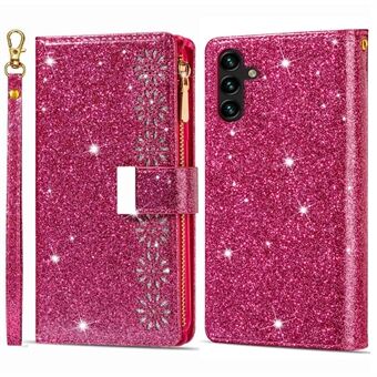 Voor Samsung Galaxy A13 5G Drop-proof Telefoon Case Rits Portemonnee Stand PU Leather Flip Laser Carving Glittery Starry Style Mobiele Telefoon Cover met Riem