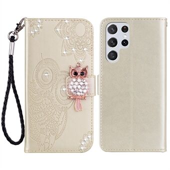 Uil bloempatroon bedrukt lederen portemonnee hoesje Stand flip strass decor telefoonhoes met riem voor Samsung Galaxy S22 Ultra 5G