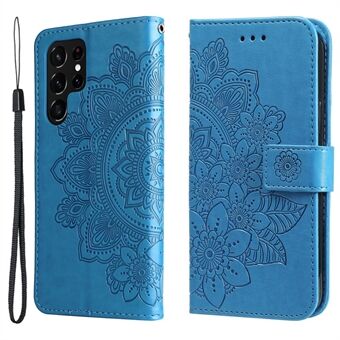 Dubbelzijdige sluiting Telefoonhoesje Opdruk Bloemenpatroon PU lederen Stand Portemonnee Flip Shell met draagkoord voor Samsung Galaxy S22 Ultra 5G