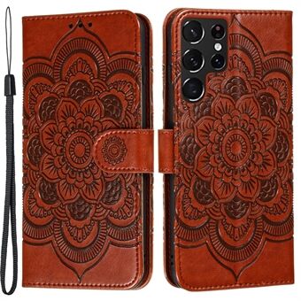 Opdruk Mandala Bloem Horizontale Flip PU lederen tas Stand Portemonnee Telefoonhoes met riem voor Samsung Galaxy S22 Ultra 5G