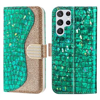 Modieuze gesplitste krokodiltextuur glitterpoeder TPU + PU lederen portemonnee-hoes voor Samsung Galaxy S22 Ultra 5G